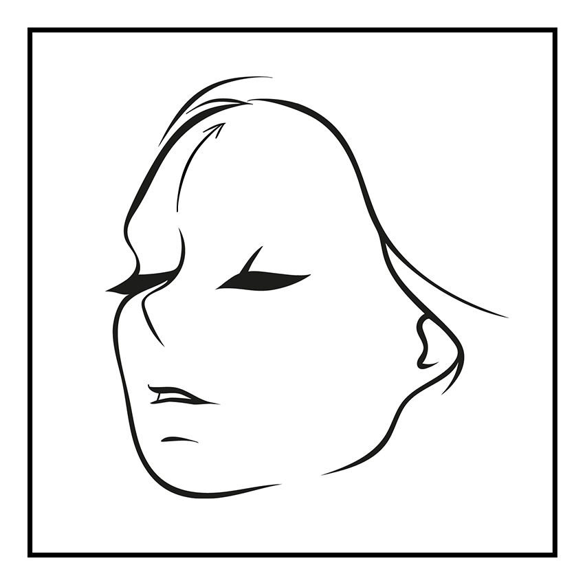 Ein Frauengesicht mit Pfeil von der Nasenwurzel zum Haaransatz auf der Stirn und einem Pfeil vom Nasenflügel zum Ohr